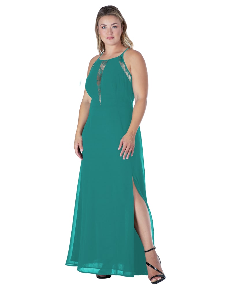 Front of a model wearing a size XL Women's Black Lace Detailed Sleeveless Maxi Dress in Hunter Green by Standards & Practices. | dia_product_style_image_id:280869